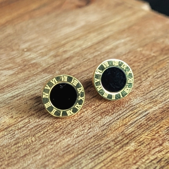 Gold Roman Numeral Stud Earrings Black Dot Round Designer Minimalism 7/16 inch - Picture 1 of 3